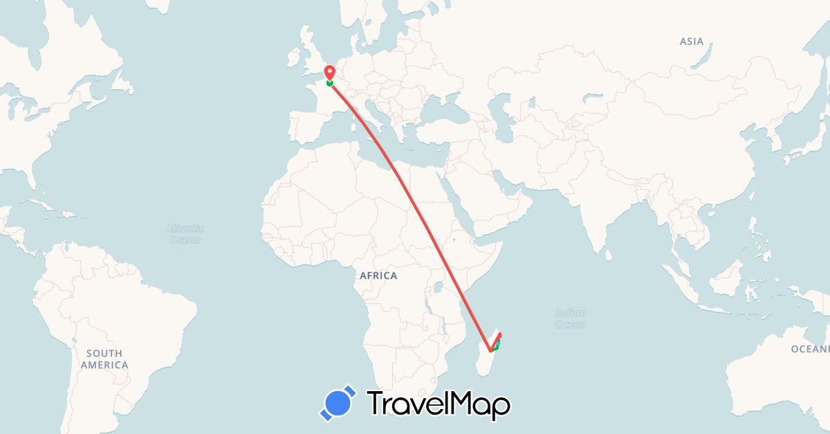 TravelMap itinerary: bus, hiking, boat in France, Madagascar (Africa, Europe)